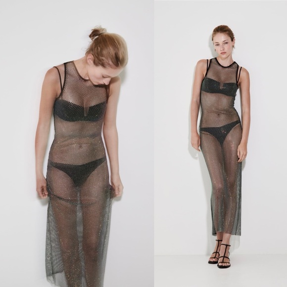 BLOGGERS FAV ZARA RHINESTONE SHIMMERY MESH DRESS - Picture 1 of 4